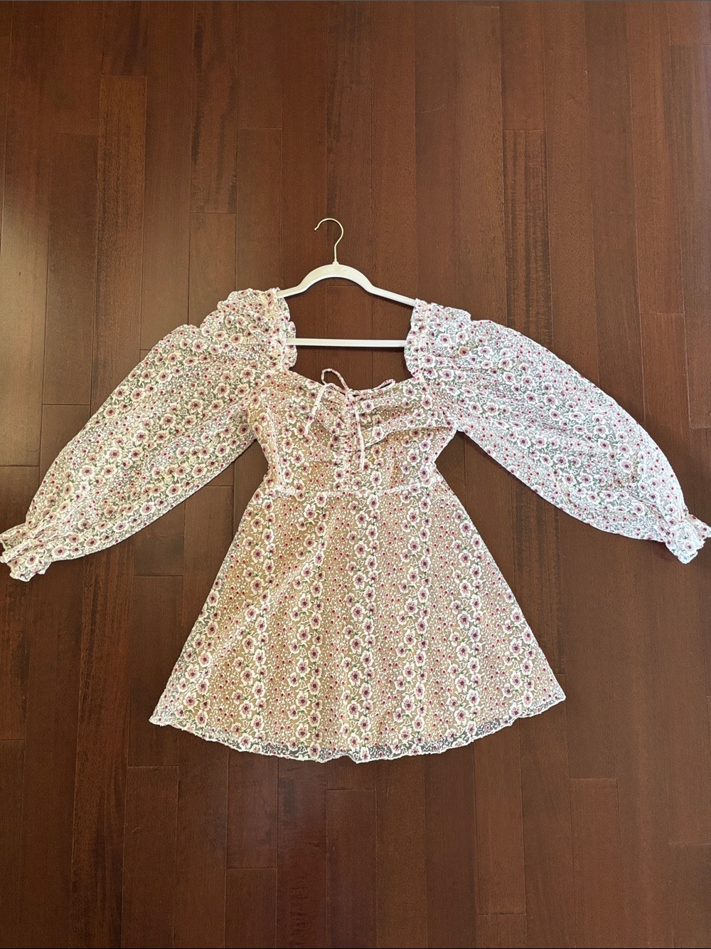 Tularosa White Floral Mini Dress with Pink & Green Accents